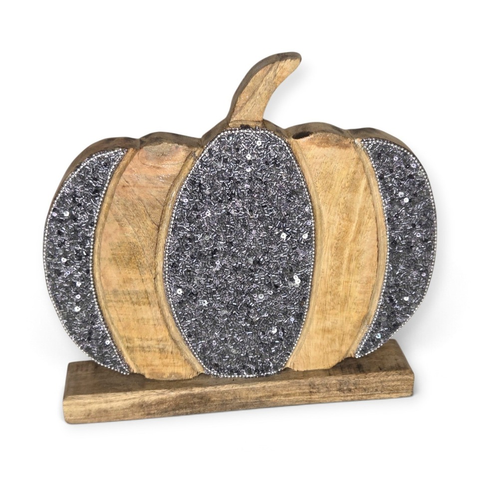 Silver Striped Beaded Wooden Pumpkin Rustic Fall Halloween Decor Centerpiece